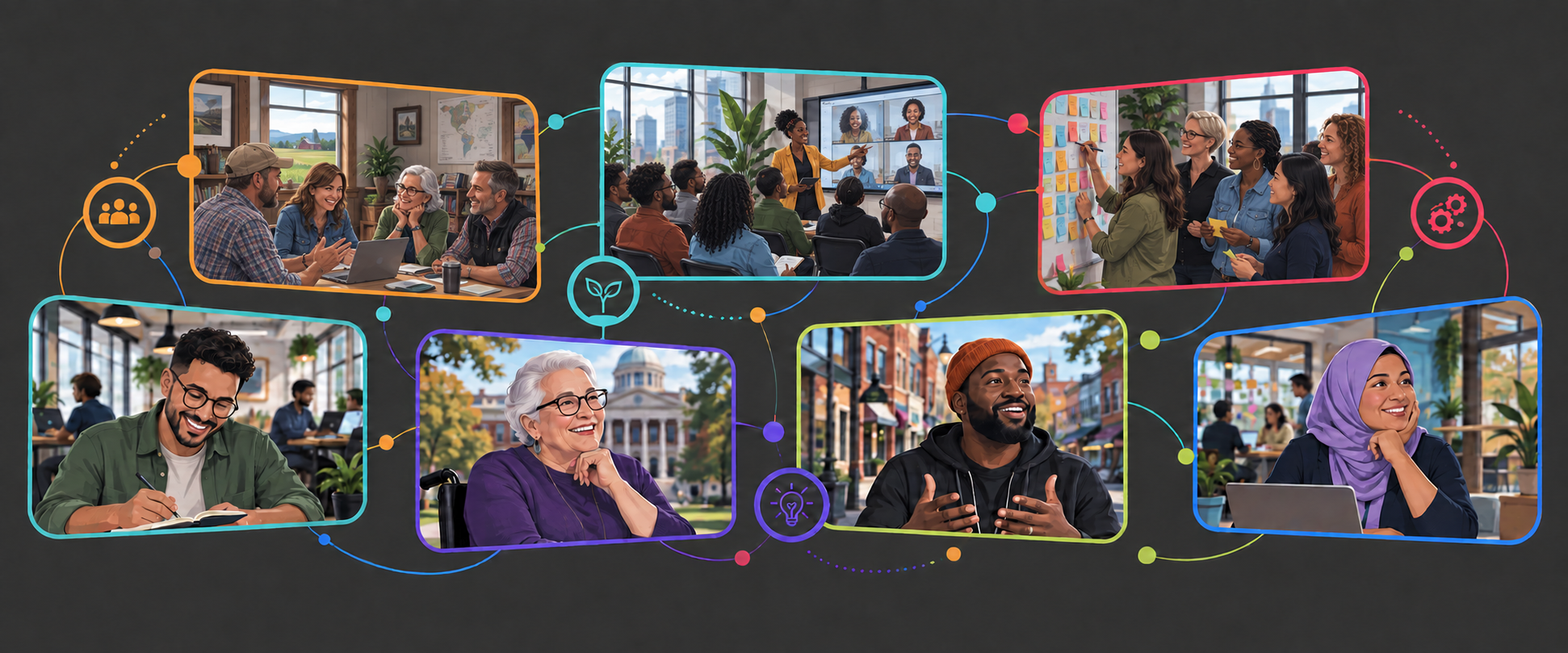 Illustration of diverse entrepreneurial ecosystem builders joining one connected virtual convening from community spaces across the country