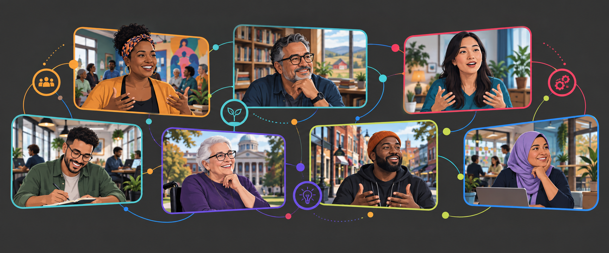Illustration of diverse entrepreneurial ecosystem builders joining one connected virtual convening from community spaces across the country